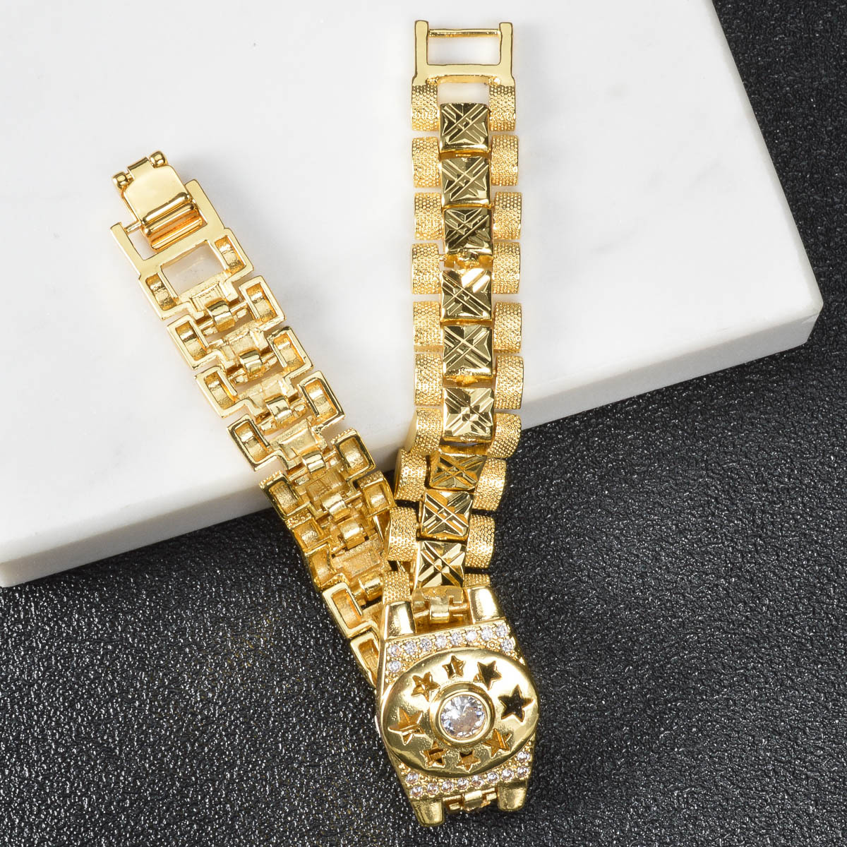 Middle Eastern Directional Zirconia Hollow Starburst Watch Chain Bracelet